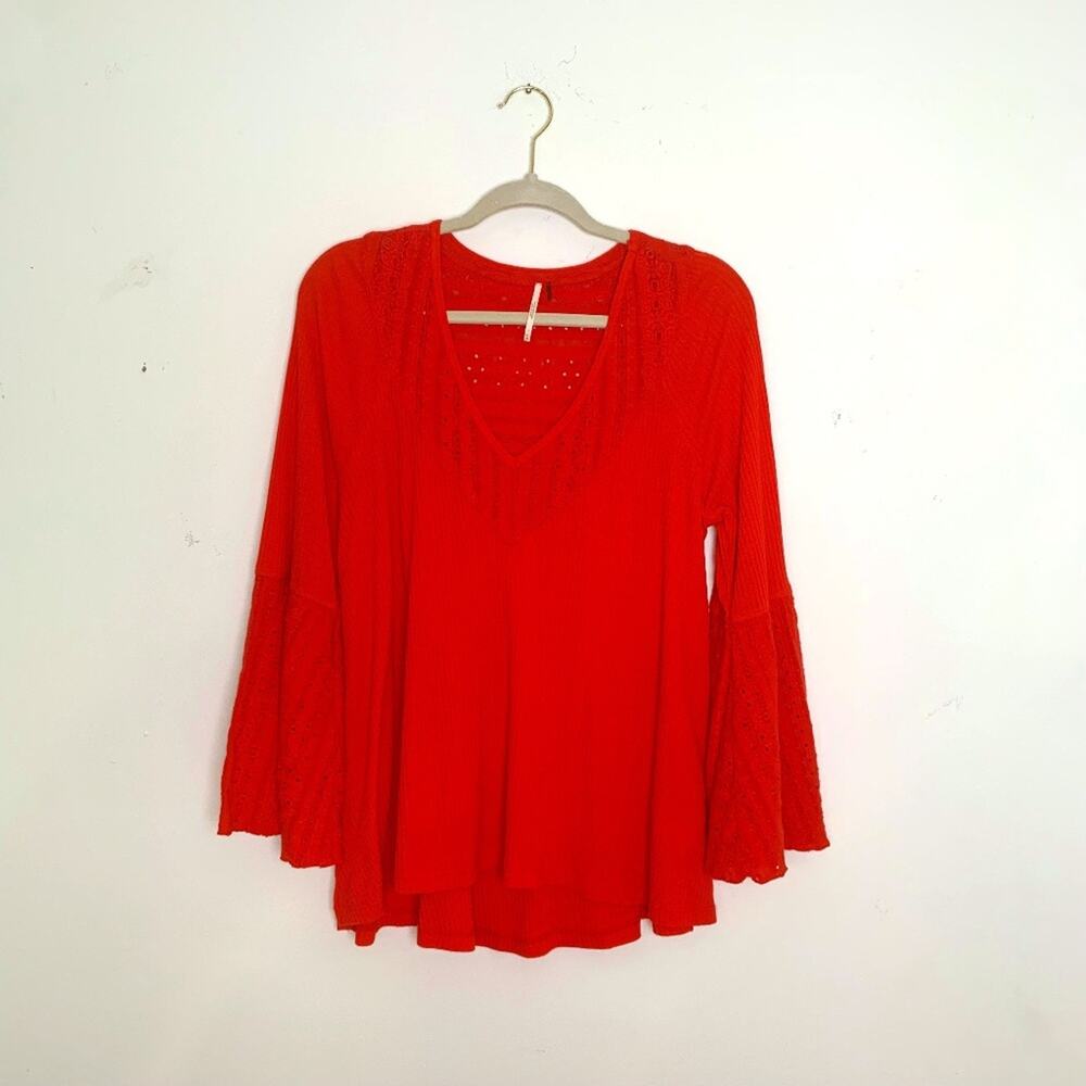 Free People Red Waffle Knit Top Bell Sleeve Lace Detail Boho Festival Medium